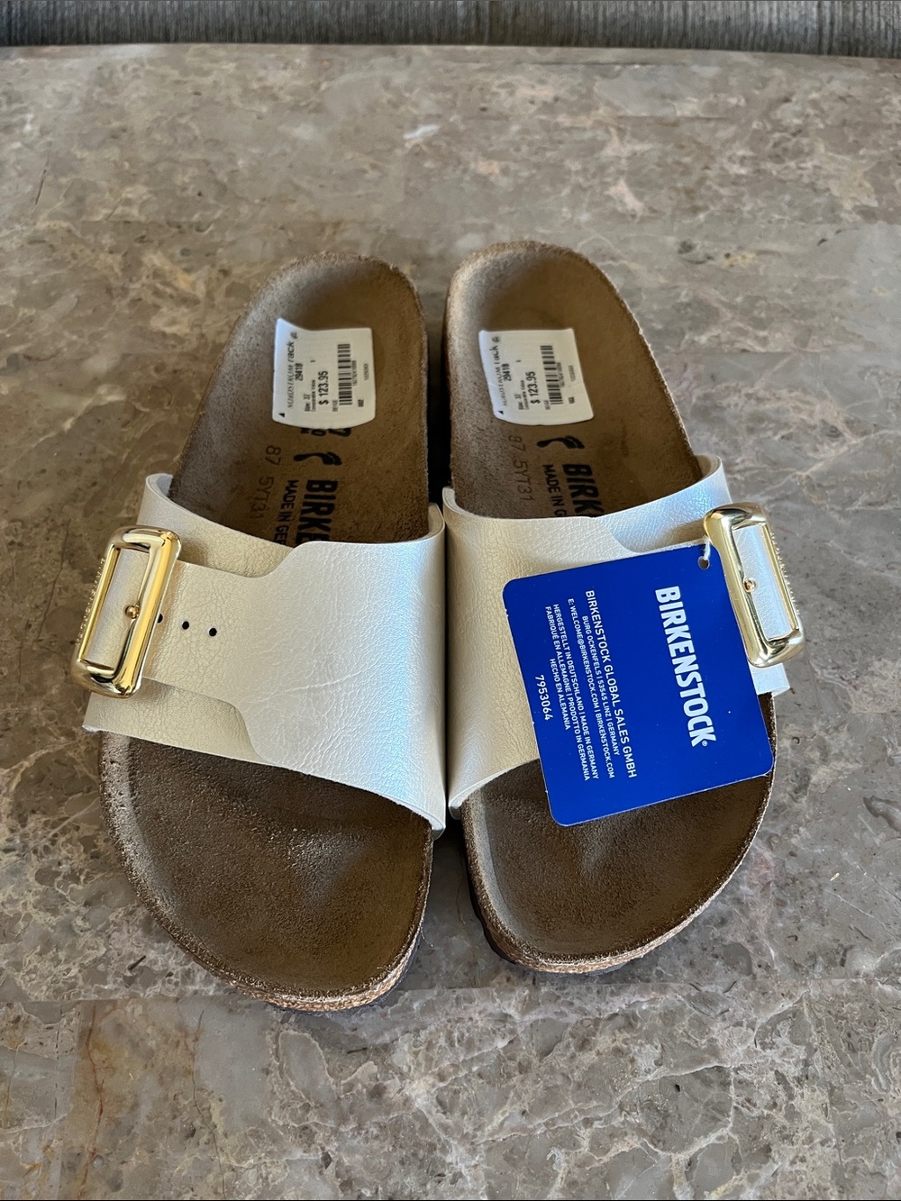 Birkenstock Cream Single-Strap Sandals with Gold Buckles